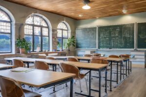 Firefly classroom with learning plan on the front chalkboard with university desks; no people 33936